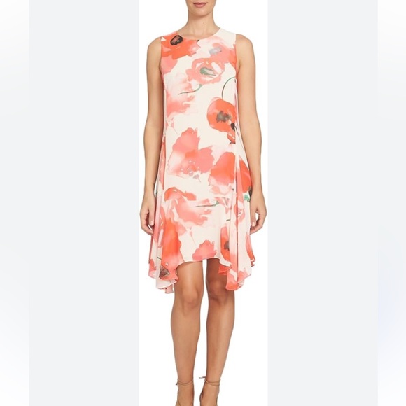 CeCe Dresses & Skirts - Coral Floral Chiffon Shift Sleeveless Dress Cece